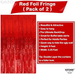 Close up of the shiny metallic material on the KatchOn red party streamer backdrop.