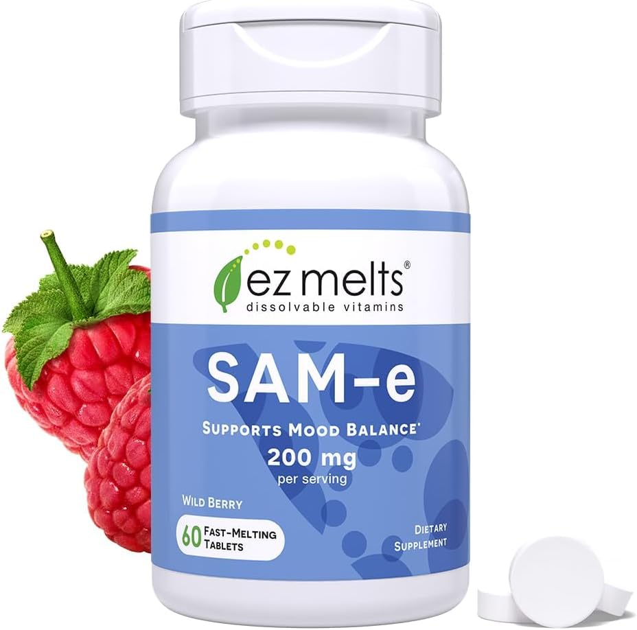EZ Melts SAM e 200mg dissolvable tablets front view for mood support.