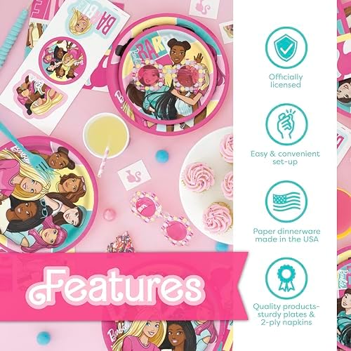Barbie party decoration kit with birthday button and tableware