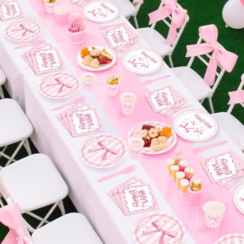 Top down view of full 120 piece pink bow tableware kit