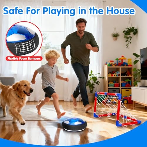 Qirptey multi color glowing floating soccer disc sliding across a tiled living room floor