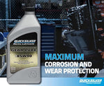 Side angle view of the Quicksilver 8M0111677 gear oil bottle showcasing the ergonomic grip design.