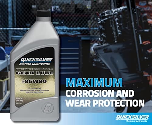 Side angle view of the Quicksilver 8M0111677 gear oil bottle showcasing the ergonomic grip design.