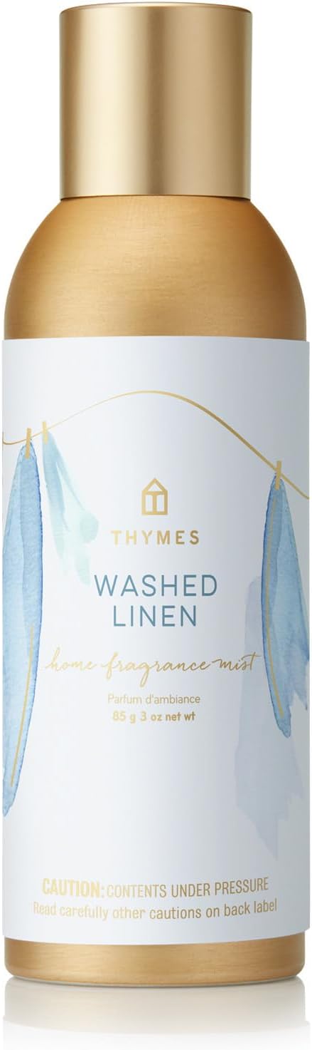 Thymes Washed Linen Home Fragrance Mist front view gold canister