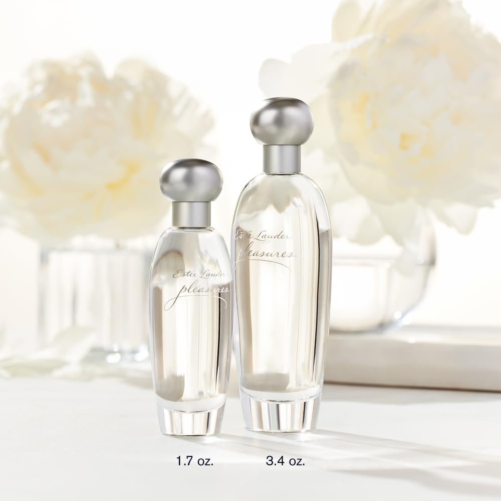 Side profile of Estee Lauder Pleasures perfume with silver cap