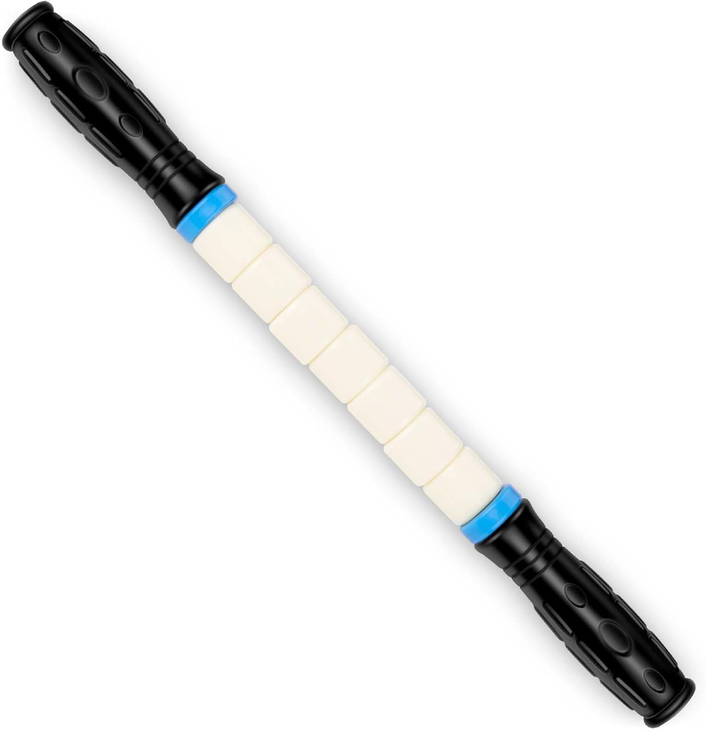 iGreely Premium Muscle Roller front view showing seven white ABS rollers on a steel core with blue accented handles