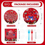 Premium red and blue paper plates featuring action style city skyline prints for three year old birthdays.