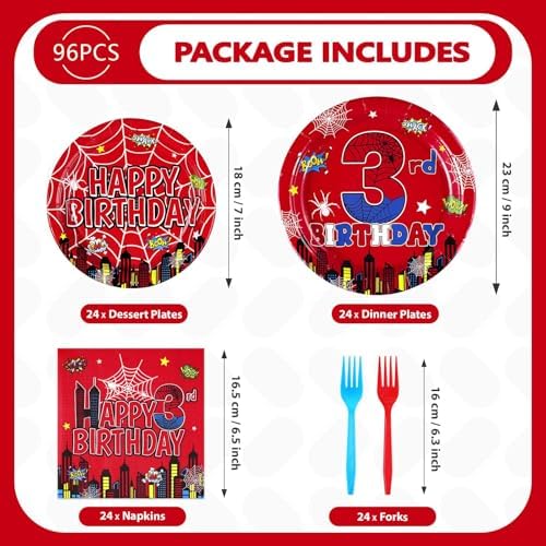 Premium red and blue paper plates featuring action style city skyline prints for three year old birthdays.