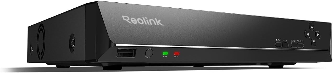 Reolink 16 Channel Network Video Recorder front view displaying premium black matte finish and status indicator lights.