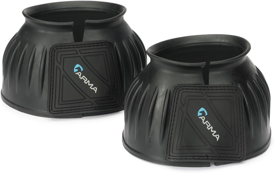 Shires ARMA over reach horse bell boots front view black rubber equestrian gear