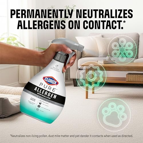 Clorox plant based anti allergen fabric spray bottle showcasing the product label details