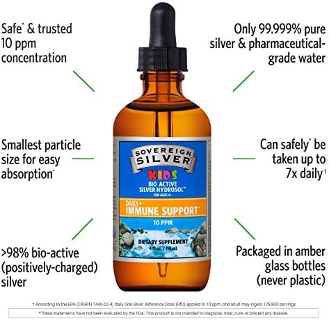 Side view of authentic Sovereign Silver Kids formula highlighting the dual ingredient list and purity information.