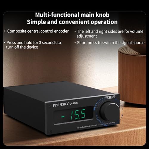 FLYINSKY high fidelity audio component package including the silver preamplifier and infrared remote control.