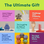 Speks Geode magnetic fidget toy packaging and components demonstrating how to shake and reset the pieces.