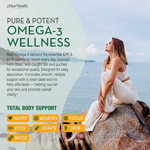Maxi Health 2000 milligrams omega 3 fatty acids capsules display with kosher certification seal