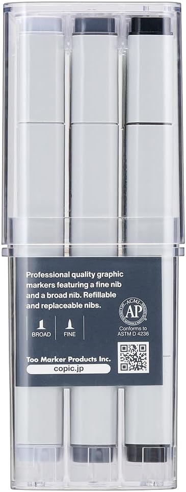 Copic art markers arranged in sequential gray tones
