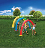 Side angle view of the Banzai inflatable outdoor backyard splash toy highlighting the secure water-weighted base on the grass.