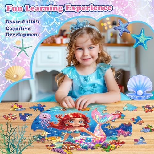 Large circular seventy-two piece mermaid jigsaw puzzle pieces laid out on floor