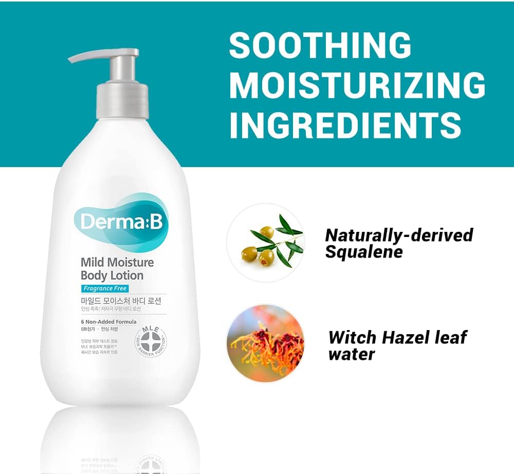 Derma B Mild Moisture Body Lotion back label ingredient details