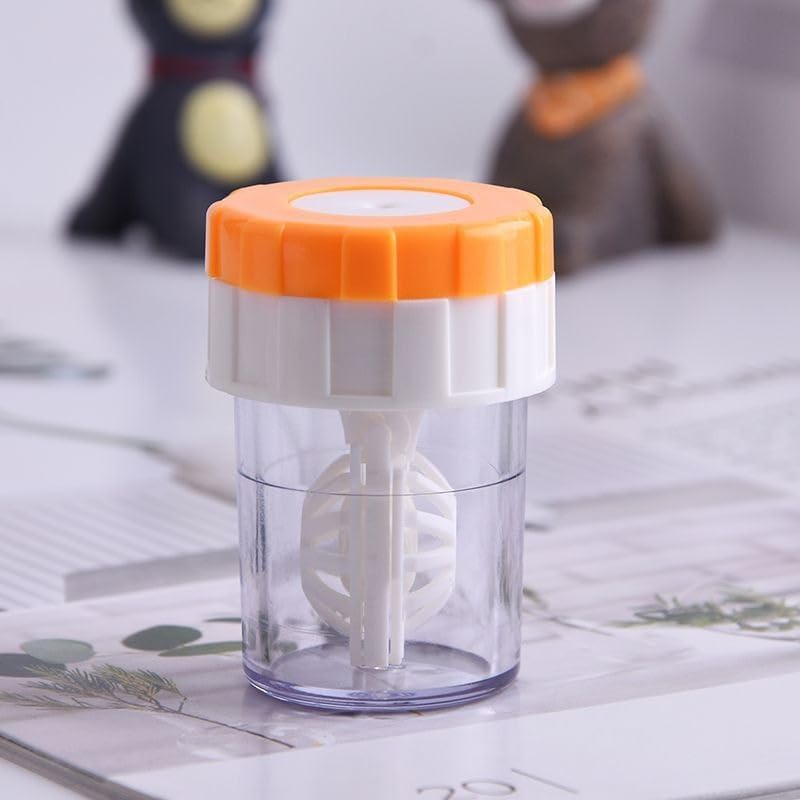 Unknown Brand manual rotating contact lens cleaner front view in vibrant orange plastic.