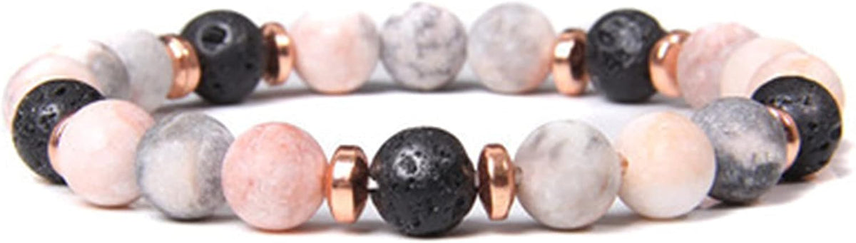 Caiyao natural stone bead bracelet showing pink zebra jasper and lava rock texture