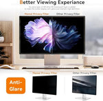 Widescreen desktop display showing side view privacy comparison with ninety percent blue light blocking shield