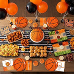 Close up of vibrant basketball design napkins and plates