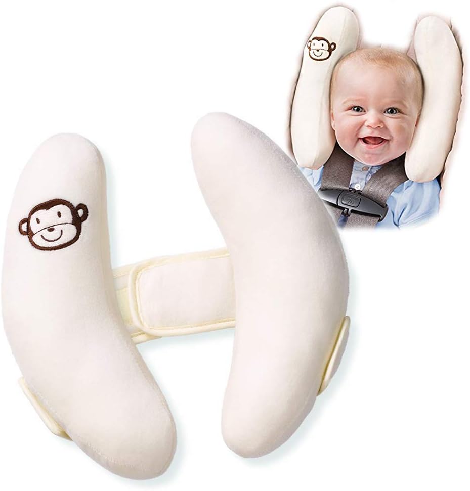 StoHua adjustable baby travel pillow front view cream colored monkey design