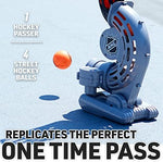 Side angle of Franklin Sports battery operated roller hockey passer on an outdoor training surface.