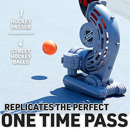 Side angle of Franklin Sports battery operated roller hockey passer on an outdoor training surface.