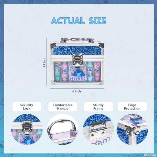 Back packaging of Townley Girl Disney Stitch beauty train case with product details