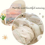 AMZTOP botanical green leaf and white ruffle duvet cover inside a modern bedroom
