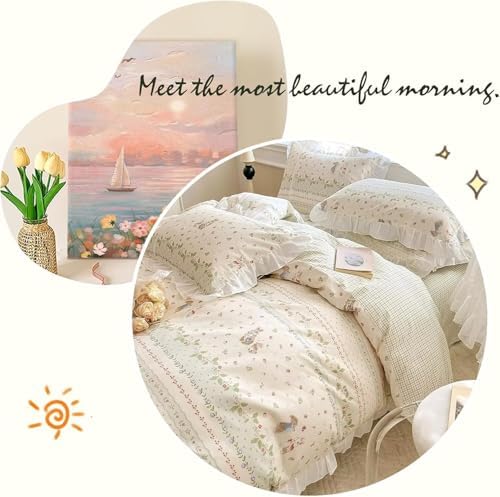 AMZTOP botanical green leaf and white ruffle duvet cover inside a modern bedroom
