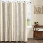 Close up view of the twine inspired woven center and striped print detail on the beige fabric