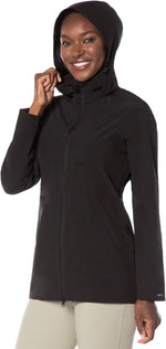 Kerrits women's waterproof equestrian rain jacket front view showing the protective mid length shell.