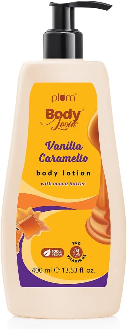 Plum BodyLovin Vanilla Caramello Body Lotion front view bottle
