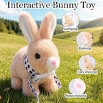 Side view of Sprstar hopping bunny plush toy with polka dot leash