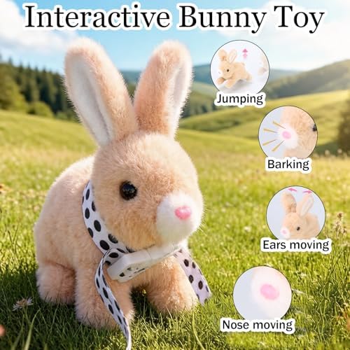 Side view of Sprstar hopping bunny plush toy with polka dot leash