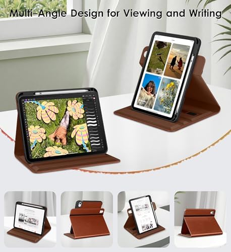 DTTO leather folio cover for iPad 11th generation propped up in 360-degree portrait stand position