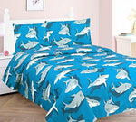 Close up of shark print pattern on kids bedding sheet set