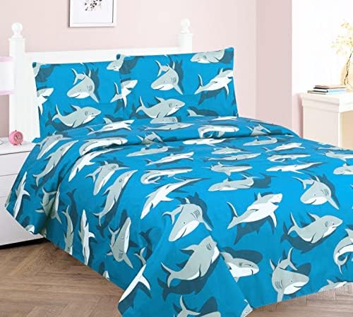 Close up of shark print pattern on kids bedding sheet set