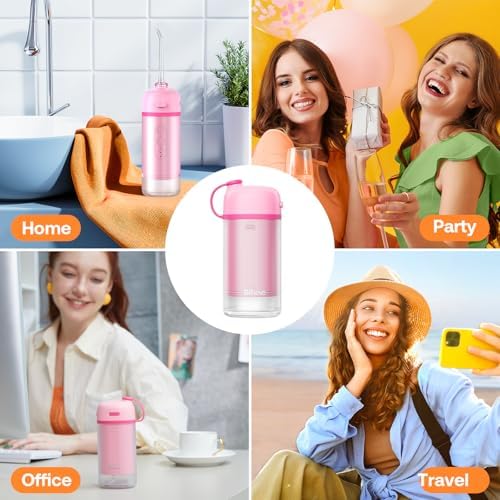 Bitvae P1 pink water flosser illustrating the 360-degree rotating nozzle.