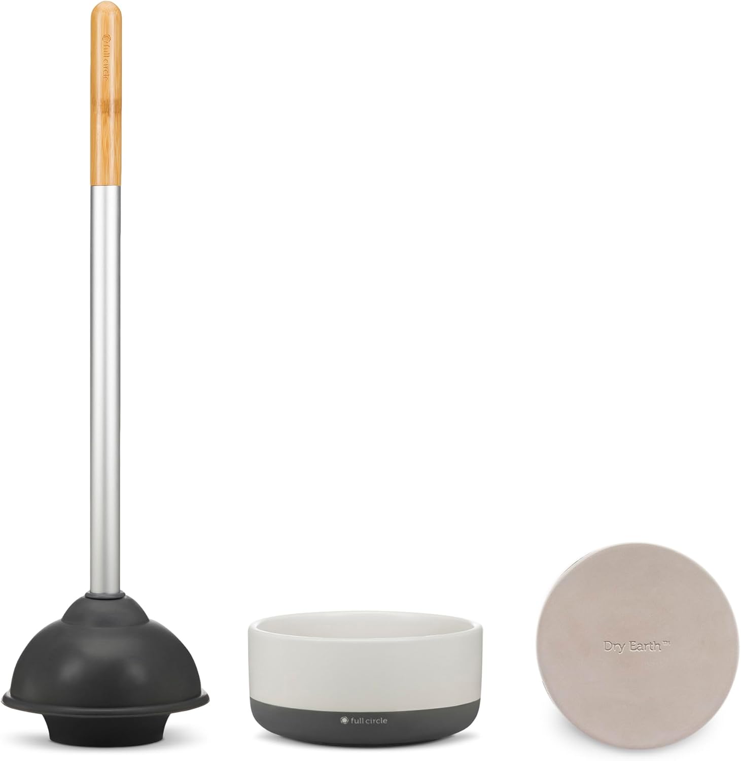 Full Circle Royal Plunge toilet plunger with ceramic holder front view