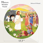 MoinKidz Christian religious jigsaw puzzle with large wooden pieces being assembled by a toddler