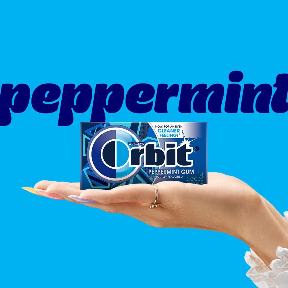 Side view of the imported Orbit Peppermint chewing gum package with ingredient details.