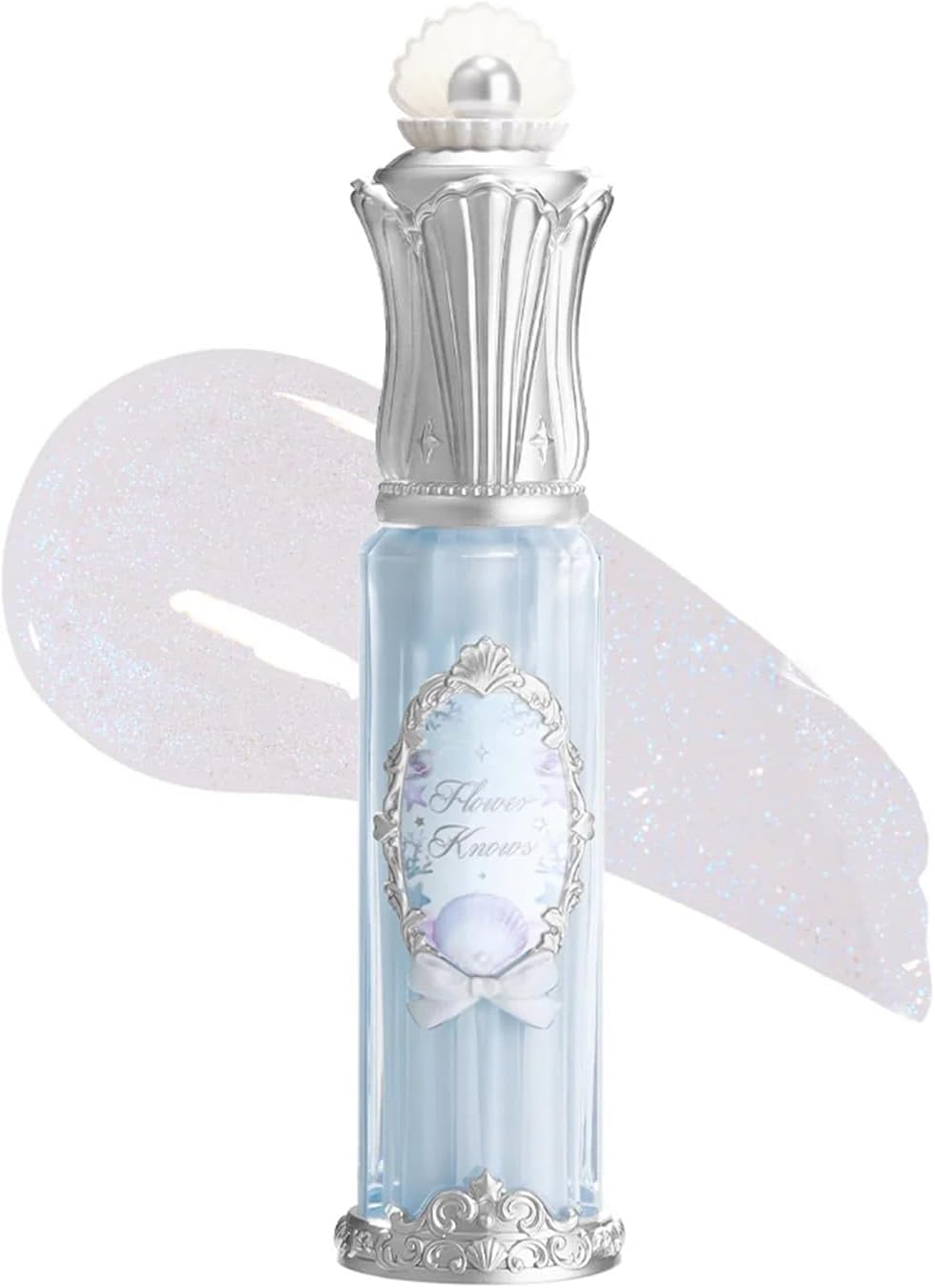 Flower Knows Shell's Jewel Nourishing Lip Glaze in P06 Lunar Jelly front view highlighting the seashell pearl cap.