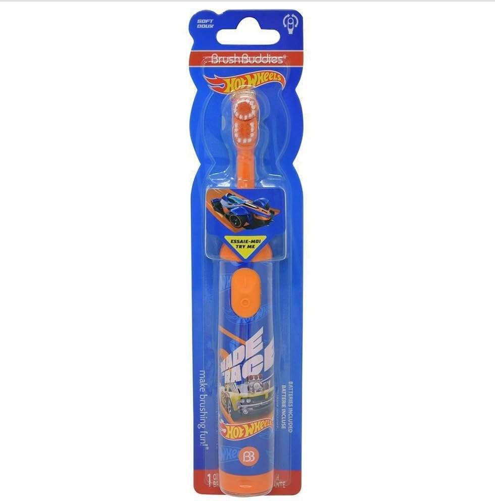 Brush Buddies Hot Wheels battery operated toothbrush packaging highlighting safety information.