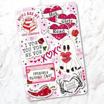 Close up of Valentine themed bookish stickers on Kindle insert.
