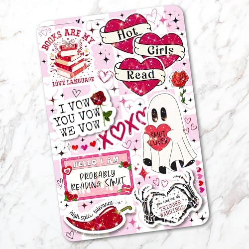 Close up of Valentine themed bookish stickers on Kindle insert.