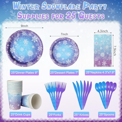 Blue and purple snowflake paper dinner and dessert plates